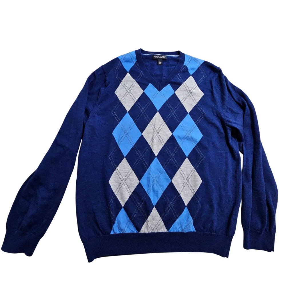 Banana Republic Argyle Sweater XL Blue Extra Fine Merino Wool V-Neck